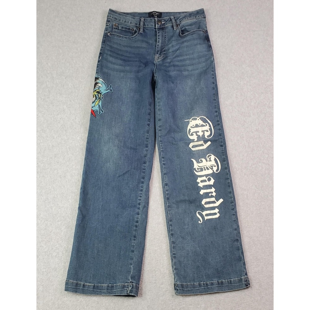 Ed Hardy Jeans Womens 28 Blue Wide Leg Tattoo Graphic Embroidered Denim Pants